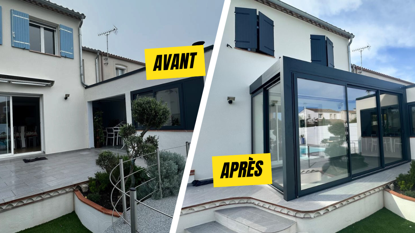 Avant après pose pergola bioclimatique 