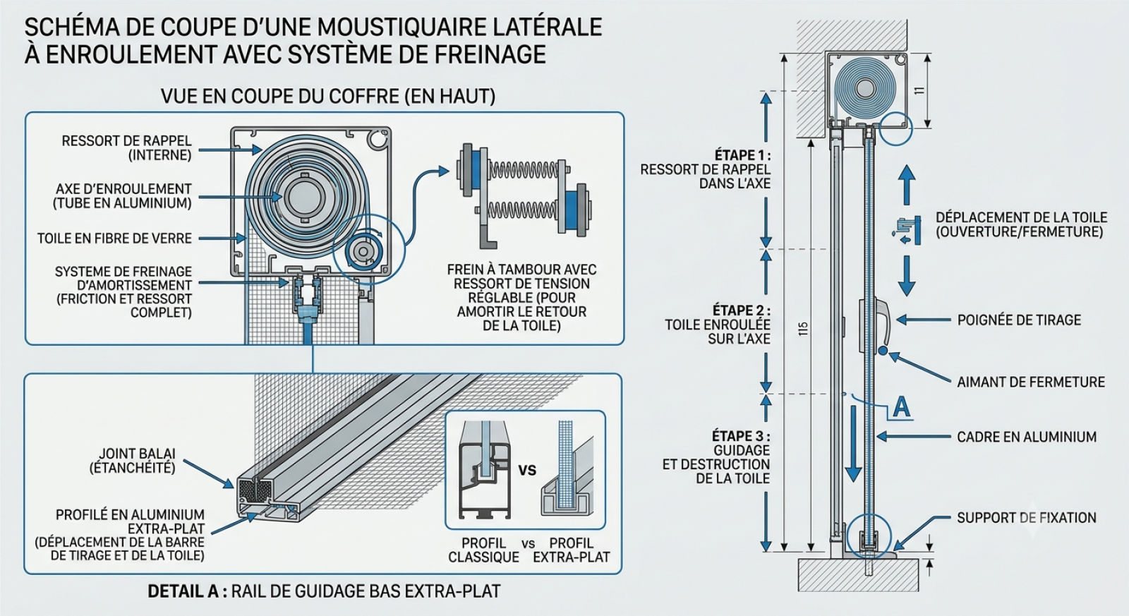 Moustiquaire porte-fenêtre enroulable latérale avec freinage et rail extra-plat